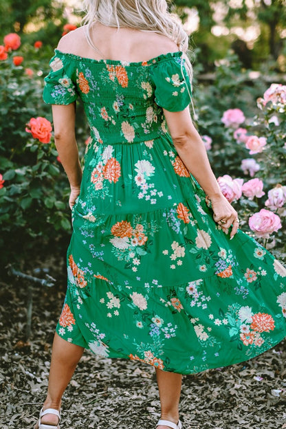 Floral Print Bubble Sleeve Smocked Tiered Midi Dress