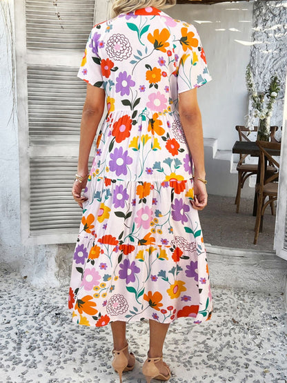 Devine Printed Johnny Collar Button Down Short Sleeve Midi Shirt Dress