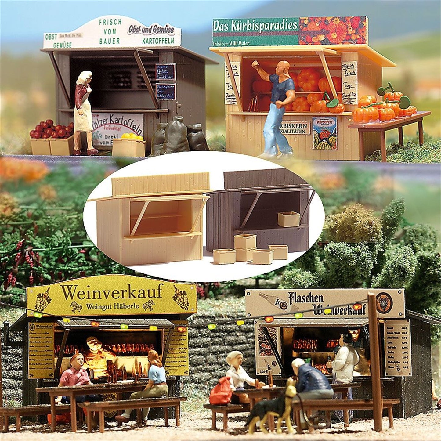 Busch 1055 HO Scale 2 Market Stalls Kit with Crates
