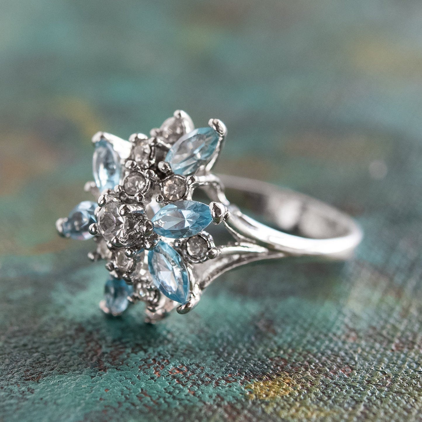 Vintage Ring Aquamarine and Clear Swarovski Crystals 18k White Gold Unique Cluster Antique Womans #R1863-AQW Size: 4 by PVD Vintage Jewelry