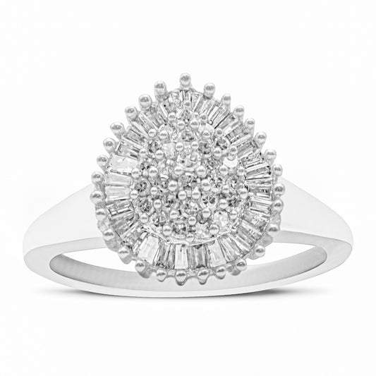 10K White Gold 1/2 Cttw Round & Baguette Cut Diamond Pear Shaped Domed Pavé Cluster with Halo Cocktail Ring (H-I Color, SI1-SI2 Clarity) by Infinite Jewels