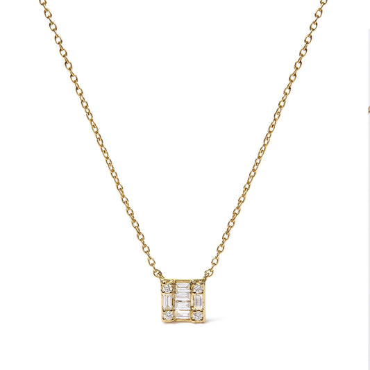 10K Yellow Gold 1/10 Cttw Round and Baguette Diamond Mosaic Composite Square 18" Inch Pendant Necklace (H-I Color, I1-I2 Clarity) by Infinite Jewels