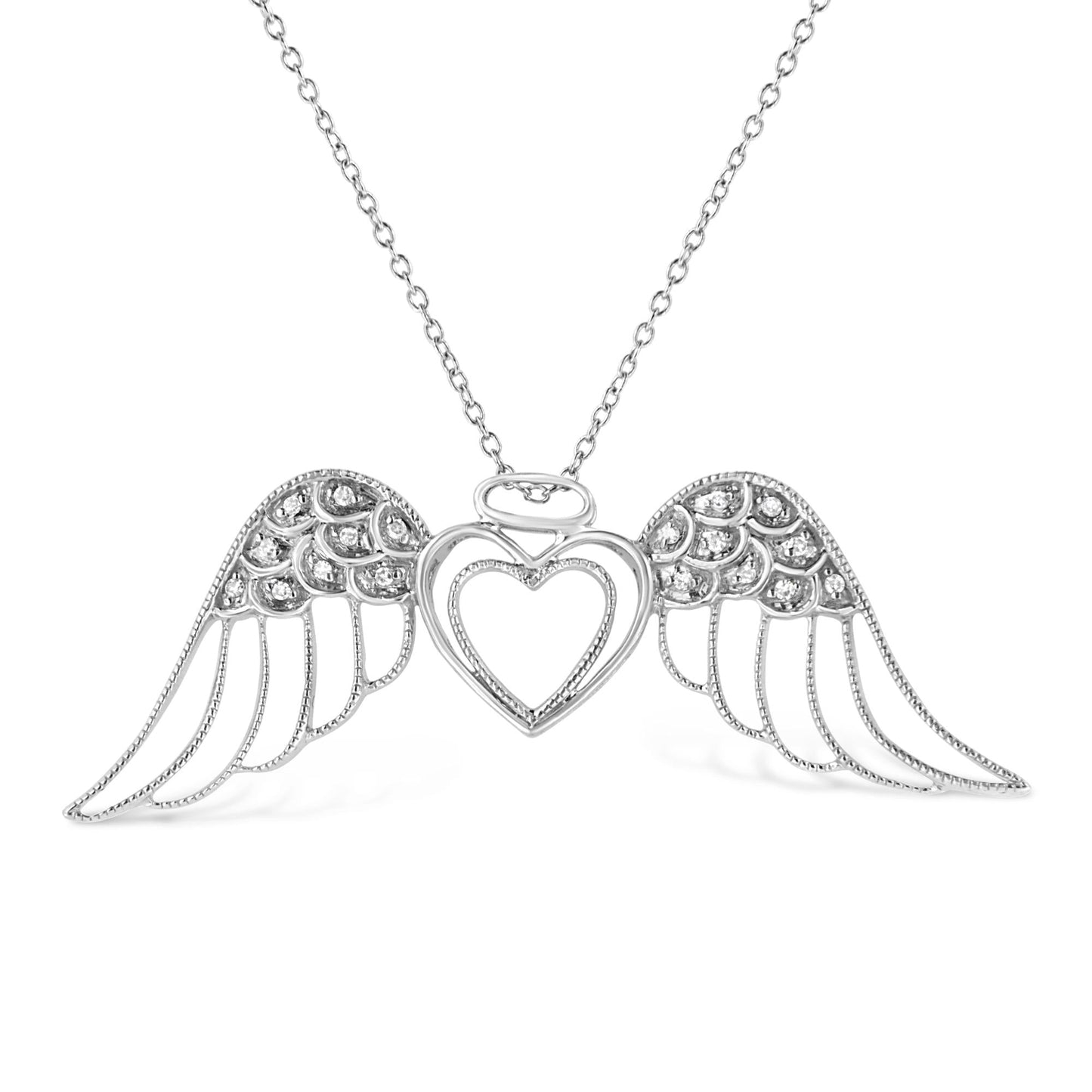 .925 Sterling Silver Pave-Set Diamond Accent Angel Wing 18" Double Heart Pendant Necklace (I-J Color, I1-I2 Clarity) by Haus of Brilliance