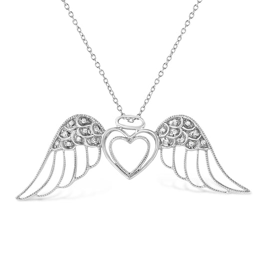 .925 Sterling Silver Pave-Set Diamond Accent Angel Wing 18" Double Heart Pendant Necklace (I-J Color, I1-I2 Clarity) by Haus of Brilliance
