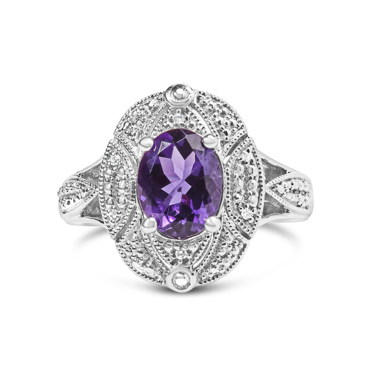.925 Sterling Silver 9x7mm Oval Purple Amethyst and Round Diamond Accent Fashion Cocktail Ring (I-J Color, I1-I2 Clarity) by Haus of Brilliance