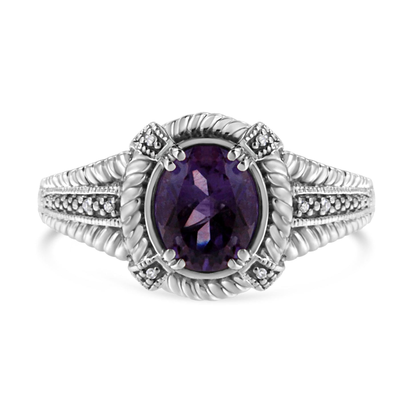.925 Sterling Silver Prong Set Natural Oval Shape 9X7 MM Purple Amethyst Solitaire and Diamond Accent Ring (I-J Color, I1-I2 Clarity) by Infinite Jewels