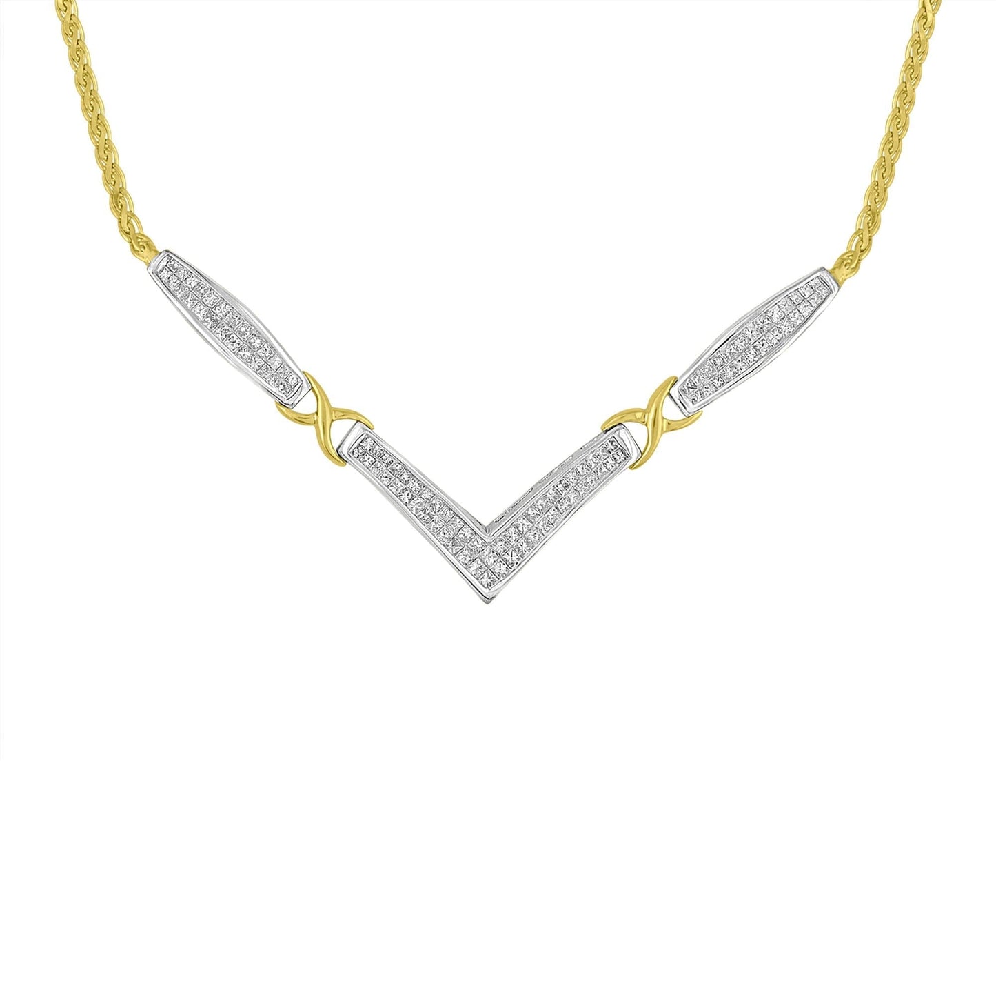 14K Yellow and White Gold 2.0 Cttw Princess Cut Diamond Flared and X-Station V Shaped 18” Franco Chain Statement Necklace (H-I Color, SI2-I1 Clarity) by Haus of Brilliance