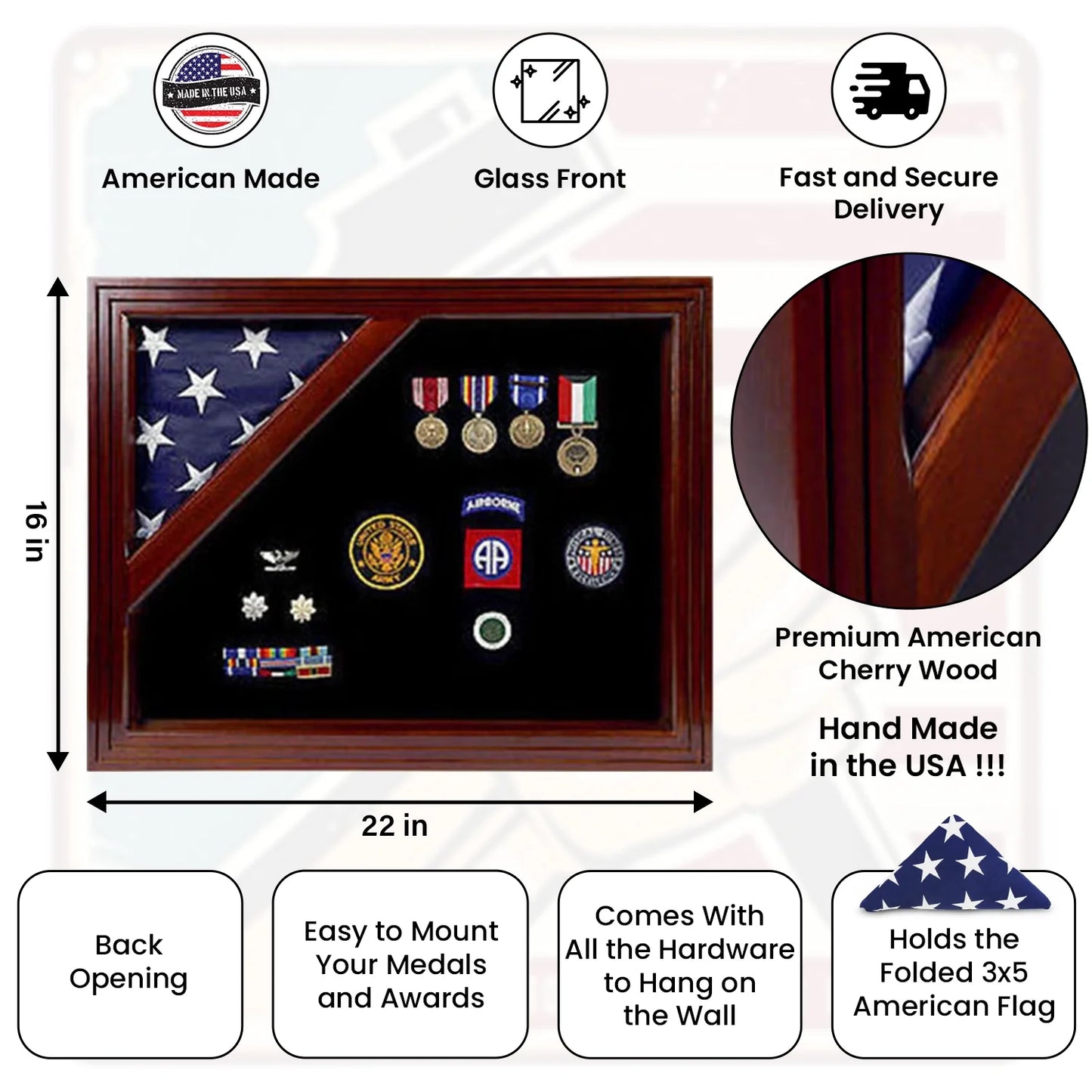 Shadow box for 3x5 flag, Wood  finish, Capitol Shadow box