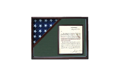 Shadow box for 3' x 5' flag with 8.5 x 11 Document holder, Cherry Finish
