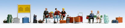 Noch 15531 HO Scale Seated Travelers & Accessories -- 6 Travelers, Luggage, Signboard, Waiting Room Seat, Cart