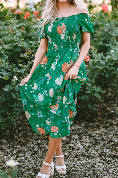 Floral Print Bubble Sleeve Smocked Tiered Midi Dress