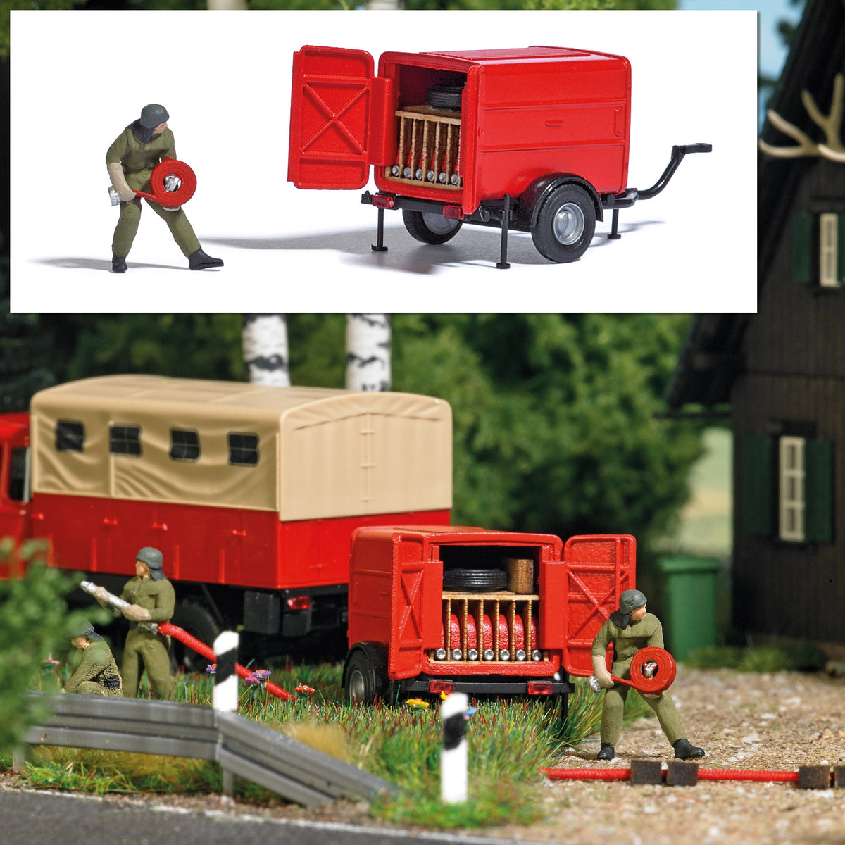 Busch 7961 HO Scale GDR Fire Hose Trailer Action Set