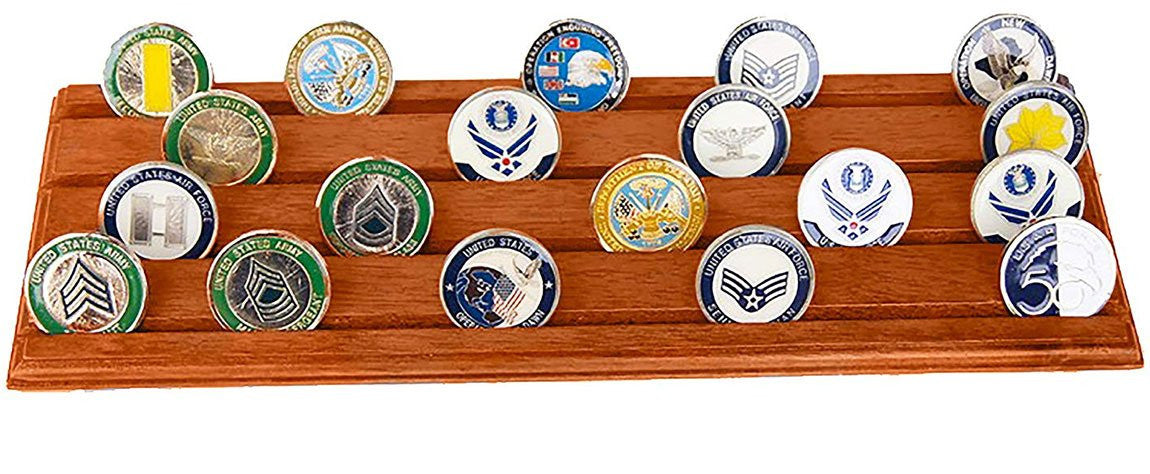 Flag Connections Military Challenge Coin Holder Stand 4 Rows Walnut Wood