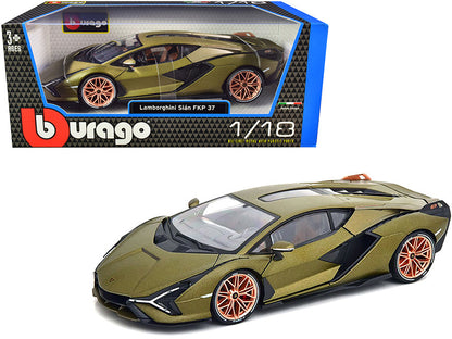 Lamborghini Sian FKP 37 Matt Green Metallic with Copper Wheels 1/18 Diecast Model Car by Bburago  free shipping USA