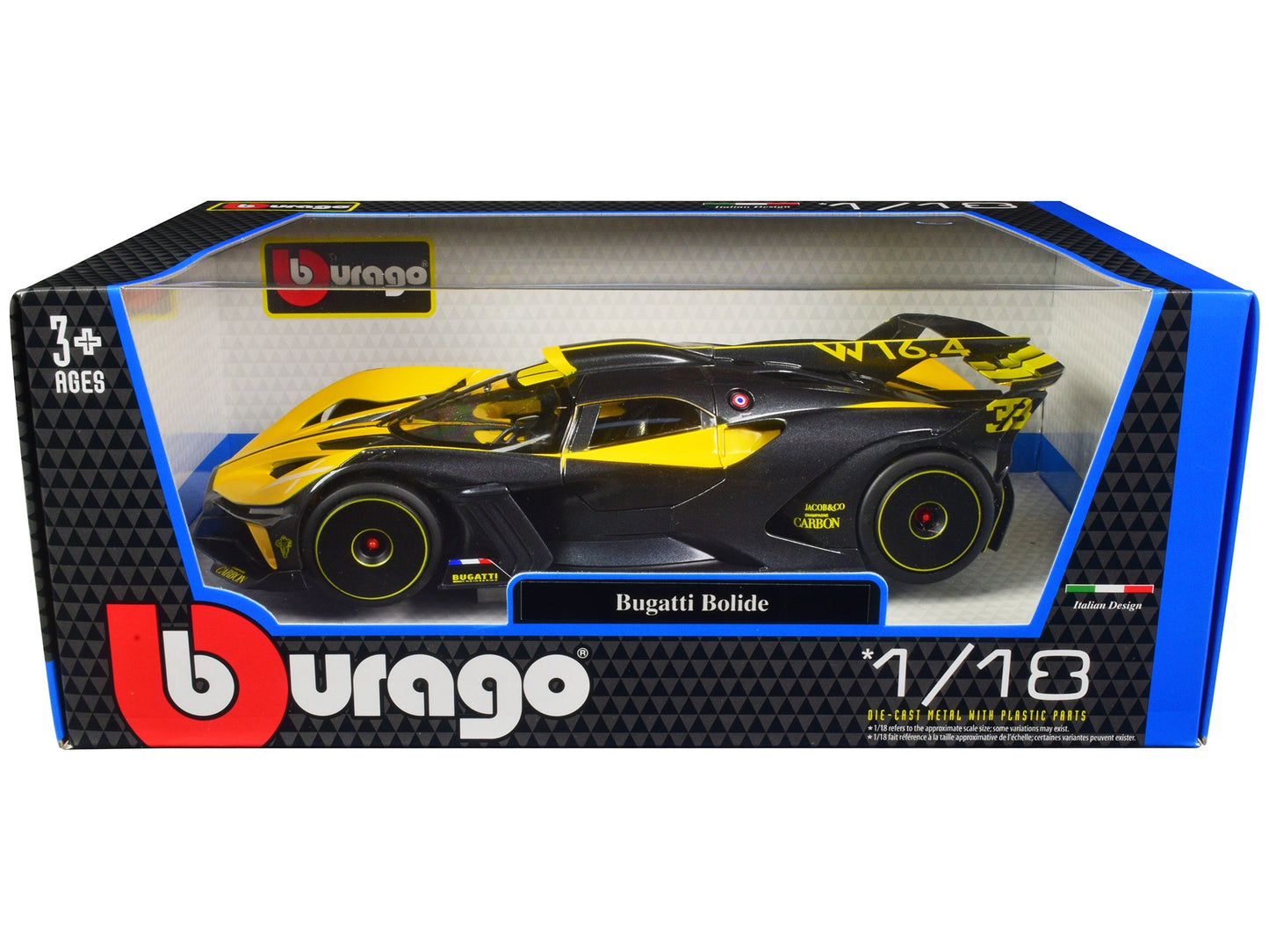 Bugatti Bolide Yellow and Carbon Gray 1/18 Diecast Model Car by Bburago  free shipping USA