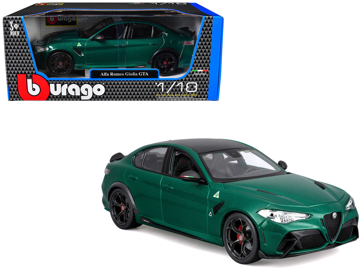 Alfa Romeo Giulia GTA Green Metallic with Carbon Top 1/18 Diecast Model Car by Bburago  free shipping USA