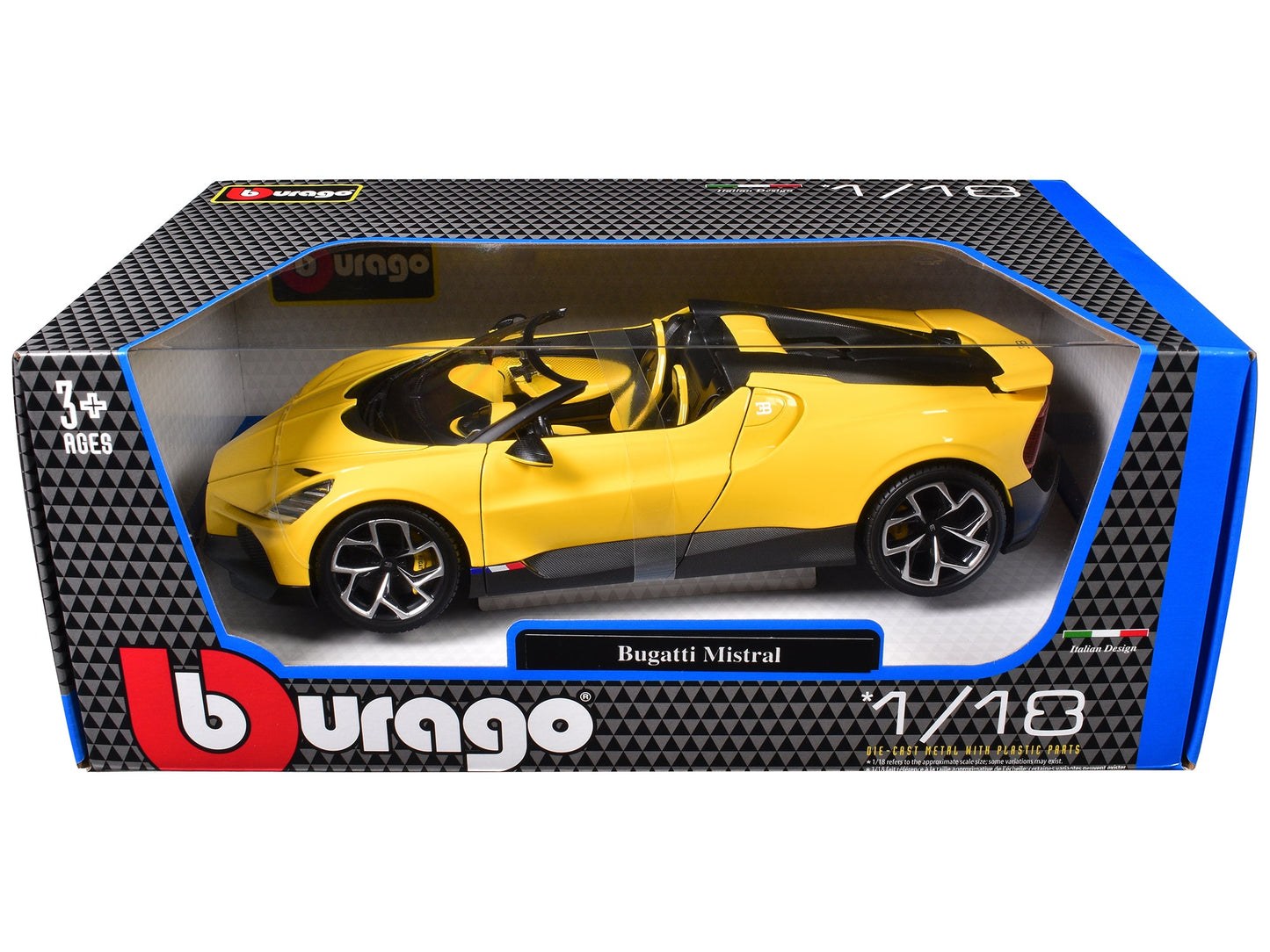 Bugatti Mistral Yellow with Carbon Accents 1/18 Diecast Model Car by Bburago  free shipping USA