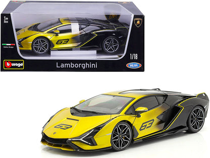 Lamborghini Sian FKP 37 #63 Yellow Metallic and Black 1/18 Diecast Model Car by Bburago  free shipping USA