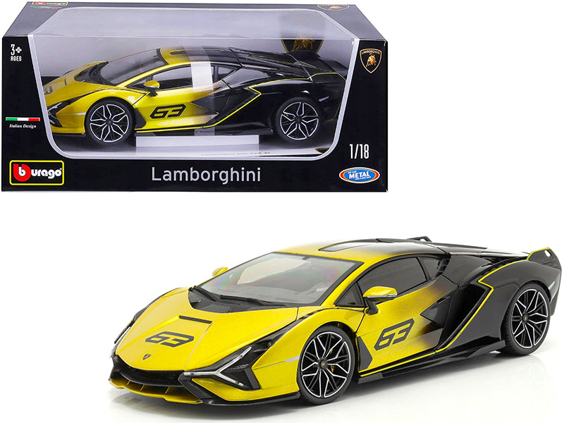 Lamborghini Sian FKP 37 #63 Yellow Metallic and Black 1/18 Diecast Model Car by Bburago  free shipping USA