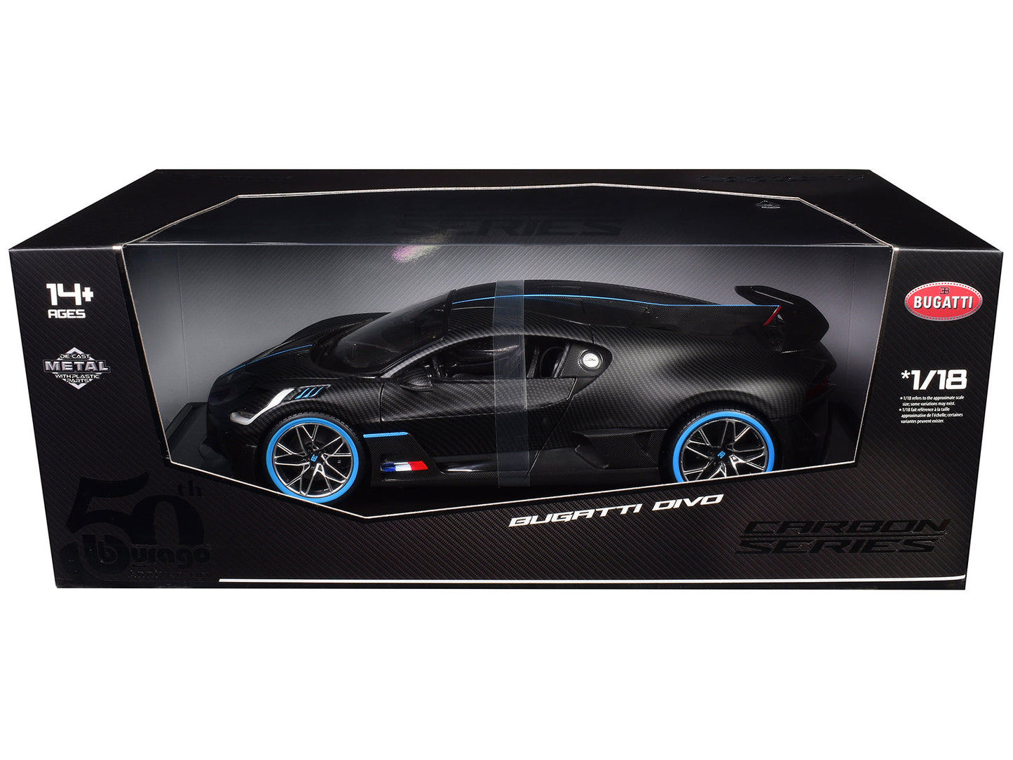 Bugatti Divo Carbon Fiber with Blue Accents "Carbon Series - Bburago 50th Anniversary" 1/18 Diecast Model Car by Bburago  free shipping USA