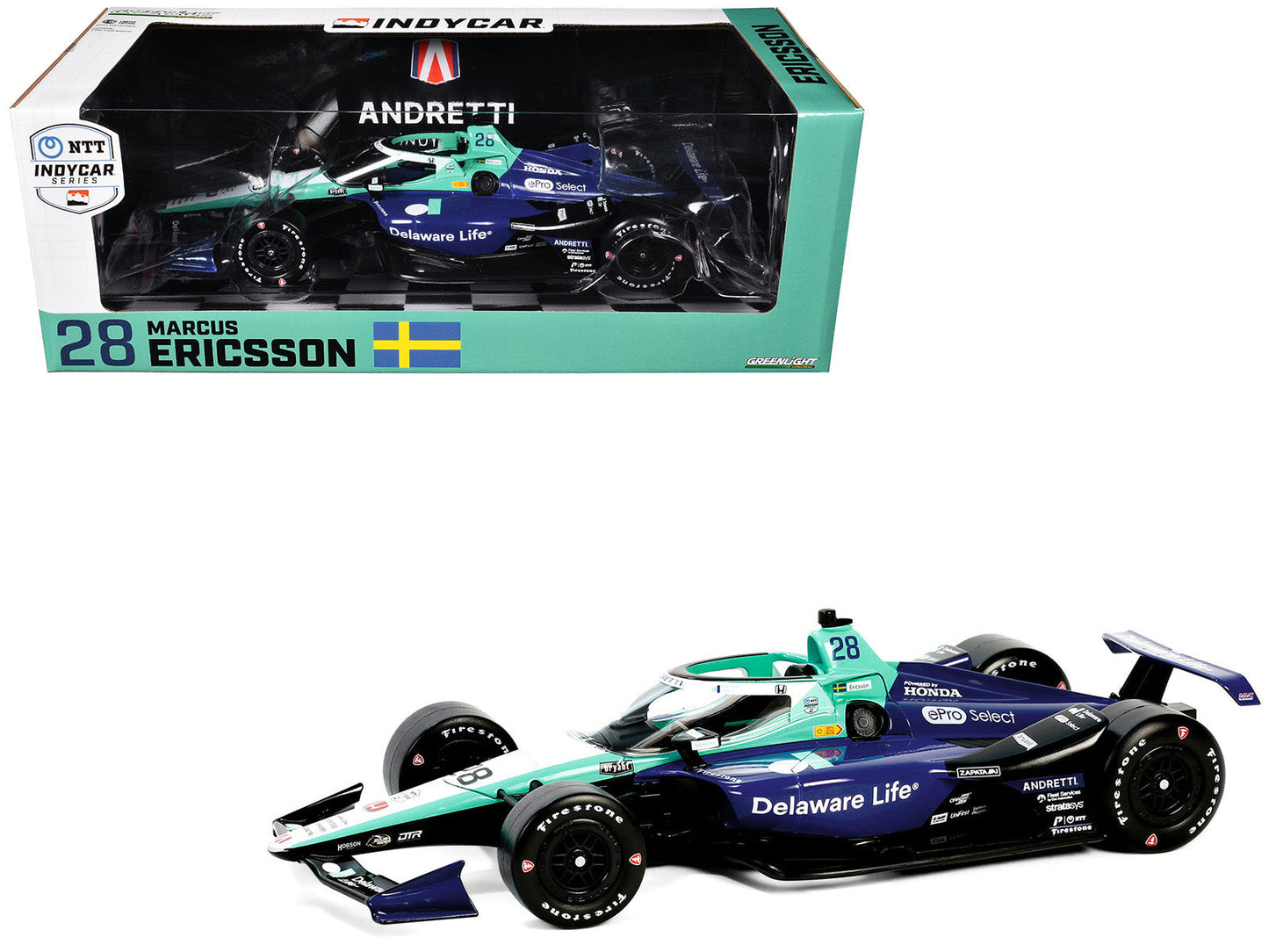 Dallara IndyCar #28 Marcus Ericsson "Delaware Life" Andretti Autosport "NTT IndyCar Series" (2024) 1/18 Diecast Model Car by Greenlight  free shipping USA