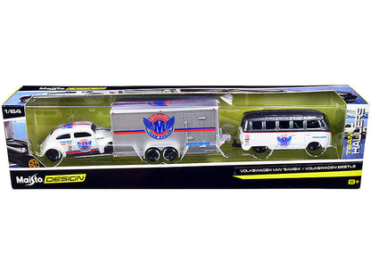 Volkswagen Samba Bus Dark Gray Metallic and White with Volkswagen Beetle White Metallic and Enclosed Car Trailer Silver "Toyo Tires" "Team Haulers" Series 1/64 Diecast Model Cars by Maisto  free shipping USA