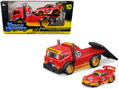 JDM Flatbed Truck #17 Red "RAUH-Welt BEGRIFF" and Porsche RWB 911 993 #17 Red "Muscle Transports" Series 1/64 Diecast Model Cars by Muscle Machines  free shipping USA