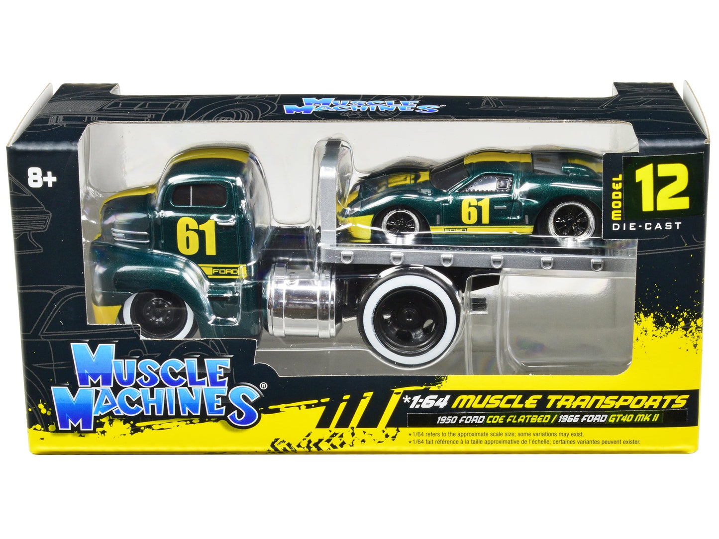 1950 Ford COE Flatbed Truck #61 and 1966 Ford GT40 MK II #61 Green Metallic with Yellow Stripes "Muscle Transports" Series 1/64 Diecast Model Cars by Muscle Machines  free shipping USA