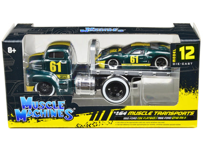 1950 Ford COE Flatbed Truck #61 and 1966 Ford GT40 MK II #61 Green Metallic with Yellow Stripes "Muscle Transports" Series 1/64 Diecast Model Cars by Muscle Machines  free shipping USA