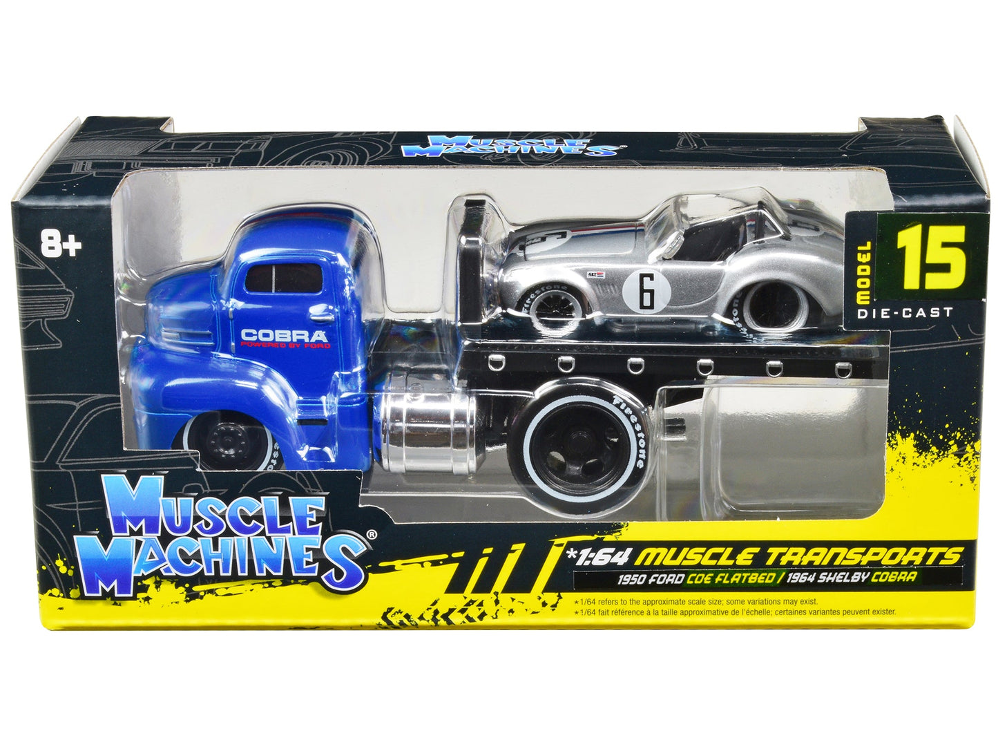 1950 Ford COE Flatbed Truck Blue "Cobra Powered by Ford" and 1964 Shelby Cobra #6 Silver Metallic with Stripes "Muscle Transports" Series 1/64 Diecast Model Cars by Muscle Machines  free shipping USA