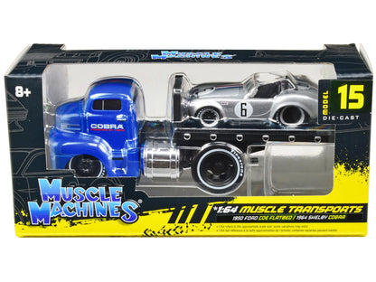 1950 Ford COE Flatbed Truck Blue "Cobra Powered by Ford" and 1964 Shelby Cobra #6 Silver Metallic with Stripes "Muscle Transports" Series 1/64 Diecast Model Cars by Muscle Machines  free shipping USA