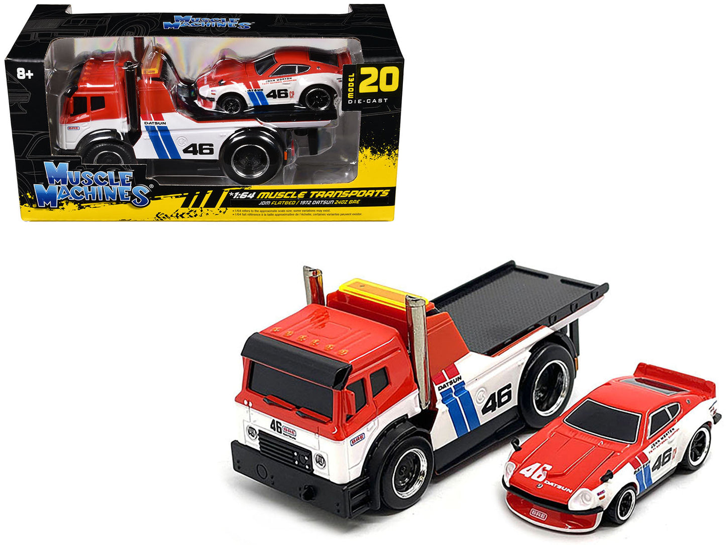 JDM Flatbed Truck #46 Red and White with Blue Stripes and 1972 Datsun 240Z #46 Red and White with Blue Stripes "BRE" "Muscle Transports" Series 1/64 Diecast Models by Muscle Machines  free shipping USA