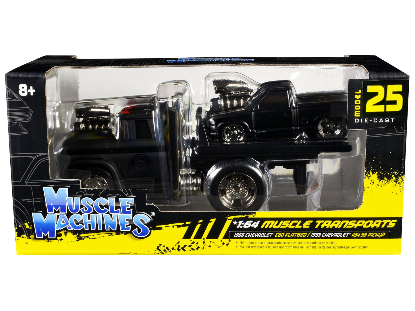 1966 Chevrolet C60 Flatbed Truck Matt Black and 1993 Chevrolet 454 SS Pickup Truck Matt Black "Muscle Transports" Series 1/64 Diecast Models by Muscle Machines  free shipping USA