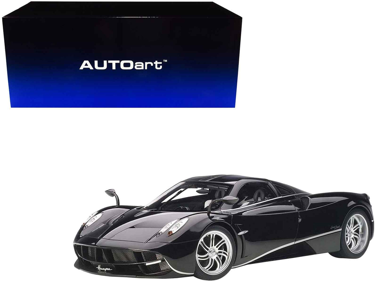 Pagani Huayra Gloss Black with Silver Stripes and Silver Wheels 1/12 Model Car by Autoart