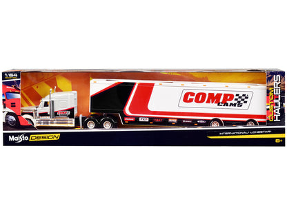 International LoneStar Enclosed Car Transporter "Comp Cams" White and Black with Stripes "Custom Haulers" Series 1/64 Diecast Model by Maisto  free shipping USA