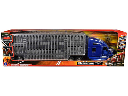 Kenworth T680 Truck Blue Metallic with Livestock Trailer Chrome "Long Haul Trucker" Series 1/32 Diecast Model by New Ray