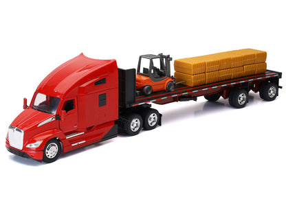Kenworth T680 Truck Red and Flatbed Trailer with Forklift and Hay Load "Long Haul Trucker" Series 1/32 Diecast Model by New Ray  free shipping USA