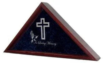 Large Flag Display Case With Engraved Symbols of Faith - Mahogany