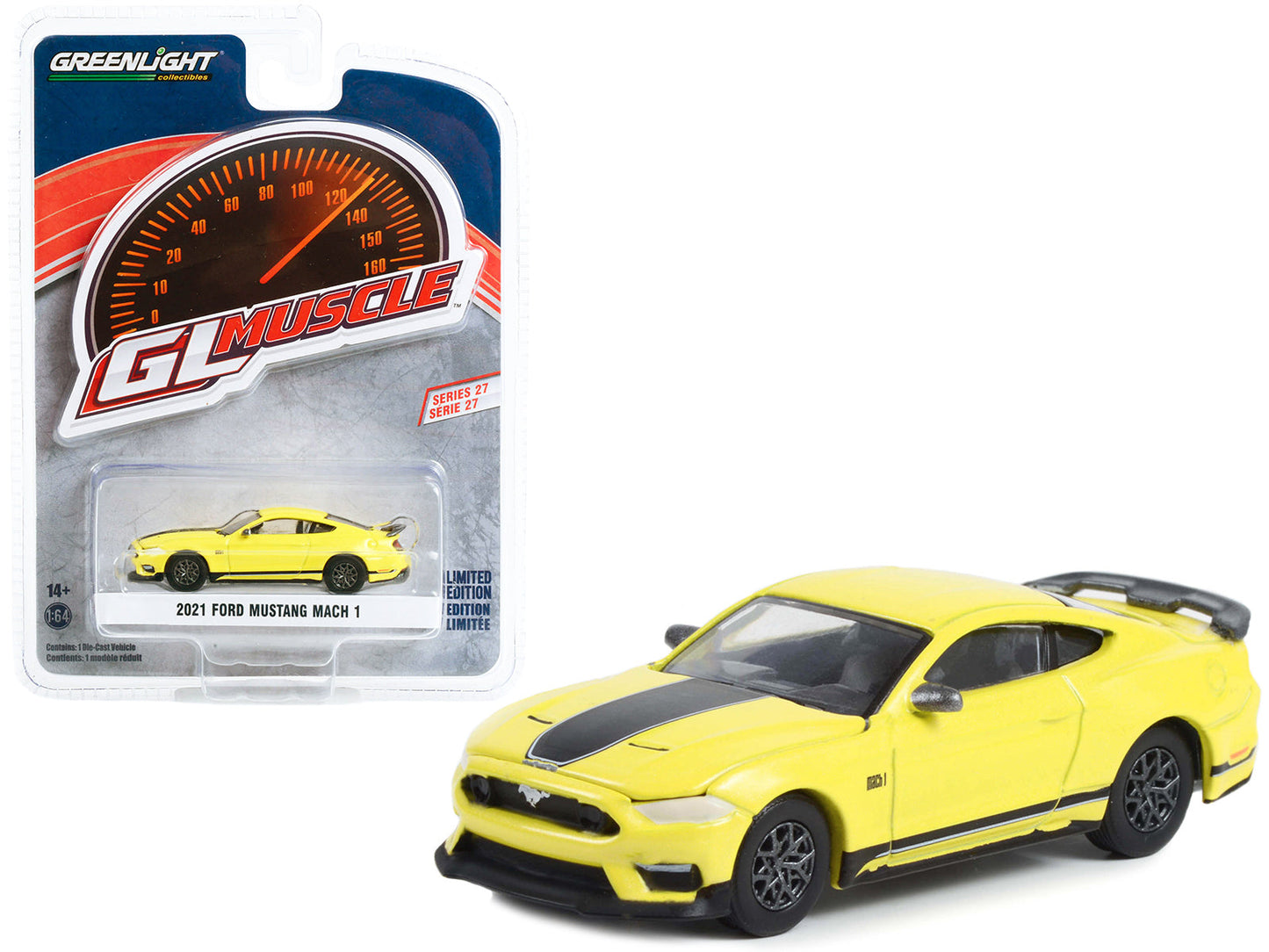 2021 Ford Mustang Mach 1 Grabber Yellow with Black Stripes "Greenlight Muscle" Series 27 1/64 Diecast Model Car by Greenlight  free shipping USA