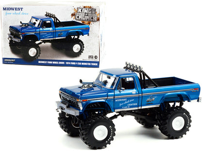 1974 Ford F-250 Ranger XLT Monster Truck with 48-Inch Tires Blue Metallic "Midwest Four Wheel Drive Center" "Kings of Crunch" Series 1/18 Diecast Model Car by Greenlight  free shipping USA