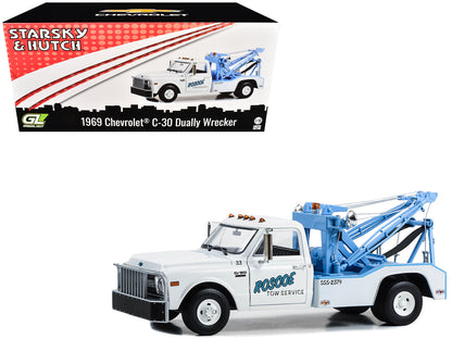 1969 Chevrolet C-30 Dually Wrecker Tow Truck "Roscoe Tow Service" White "Starsky and Hutch" (1975-1979) TV Series 1/18 Diecast Model Car by Greenlight  free shipping USA