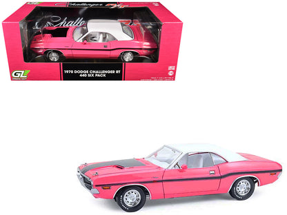 1970 Dodge Challenger R/T 440 Six Pack Panther Pink with Black Stripes White Top and White Interior 1/18 Diecast Model Car by Greenlight  free shipping USA