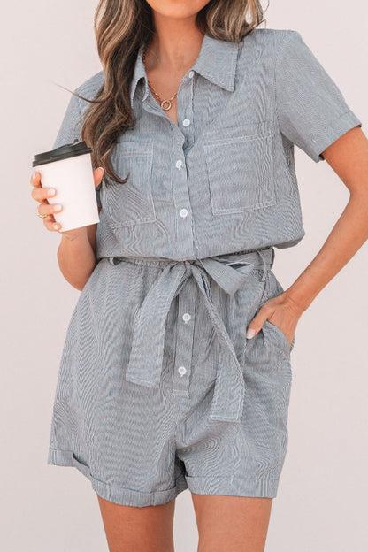 Stripe Chest Pockets Tie Waist Romper