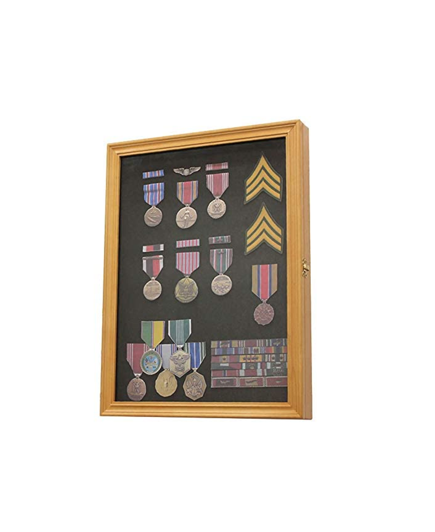 Oak Finish Display Case Wall Frame Cabinet for Military Medals, Pins, Patches, Insignia, Ribbons, Brooches.