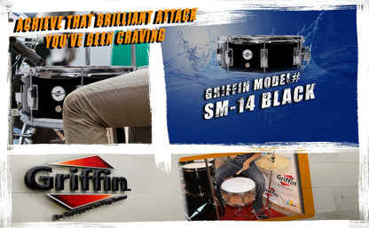 GRIFFIN Snare Drum - Poplar Wood Shell 14" x 5.5" with Black PVC & Coated Head - Acoustic Marching Percussion Musical Instrument Set with Drummers Key by GeekStands.com