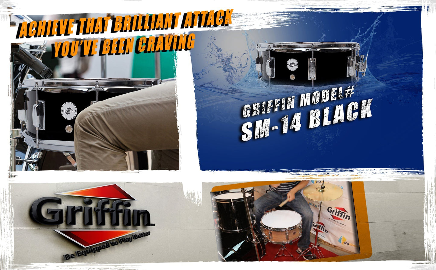 GRIFFIN Snare Drum - Poplar Wood Shell 14" x 5.5" with Black PVC & Coated Head - Acoustic Marching by GeekStands.com