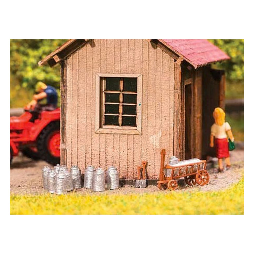 Noch 13725 HO Scale Dairy Detail Set -- Milk Cart, 10 Milk Cans, 2 Shovels