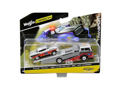 1957 Chevrolet Bel Air Gasser #786 Silver and Red with Ramp Tow Truck "Elite Transport" 1/64 Diecast Models by Maisto  free shipping USA