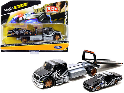 International DuraStar Flatbed Truck #22 and 1988 Ford Mustang LX #22 Matt Black with Gray Graphics "Toyo Tires" "Elite Transport" Series 1/64 Diecast Models by Maisto  free shipping USA