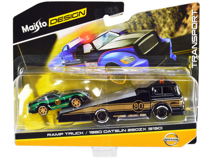 Ramp Truck #80 Dark Gray Metallic with Gold Metallic Stripes "JDM Garage" and 1980 Datsun 280ZX (S130) #80 Green Metallic with Stripes "Elite Transport" Series 1/64 Diecast Models by Maisto  free shipping USA